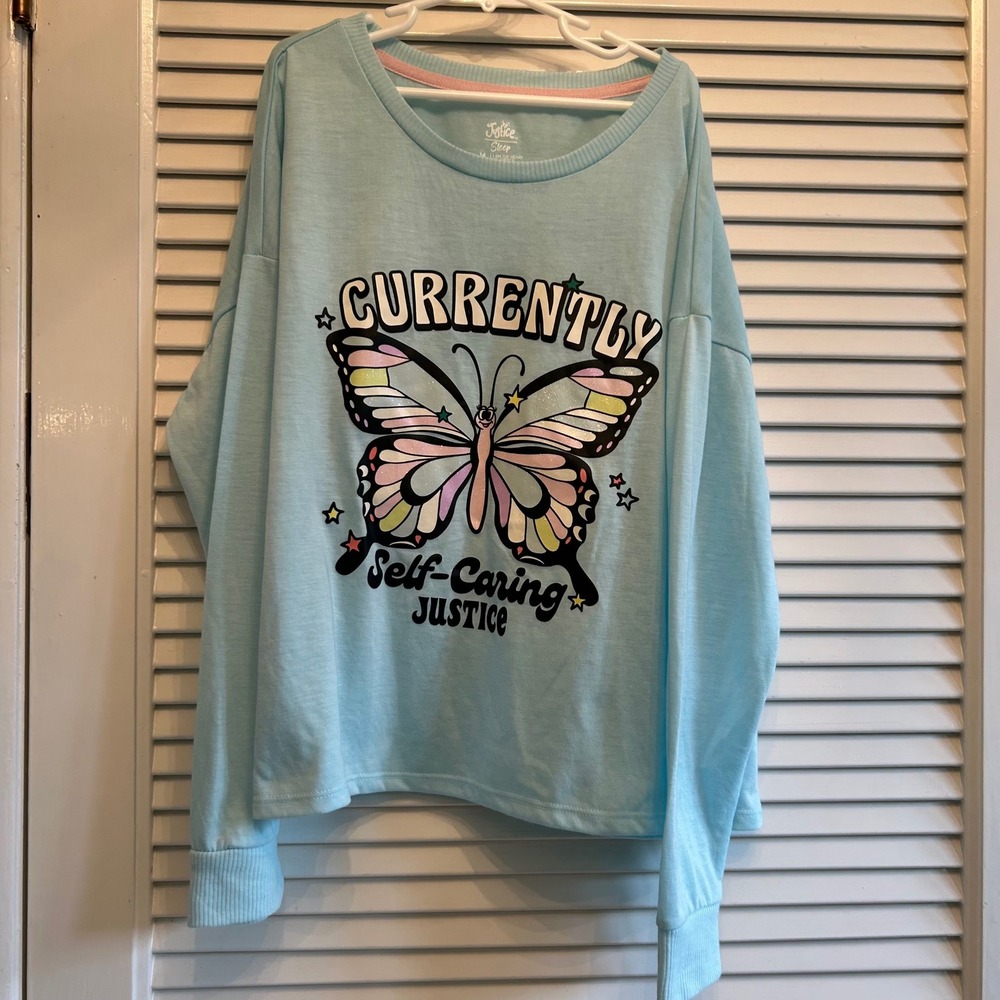 Justice Girls Sleep Top Size 14 Blue Butterfly Graphic Long Sleeve Shirt